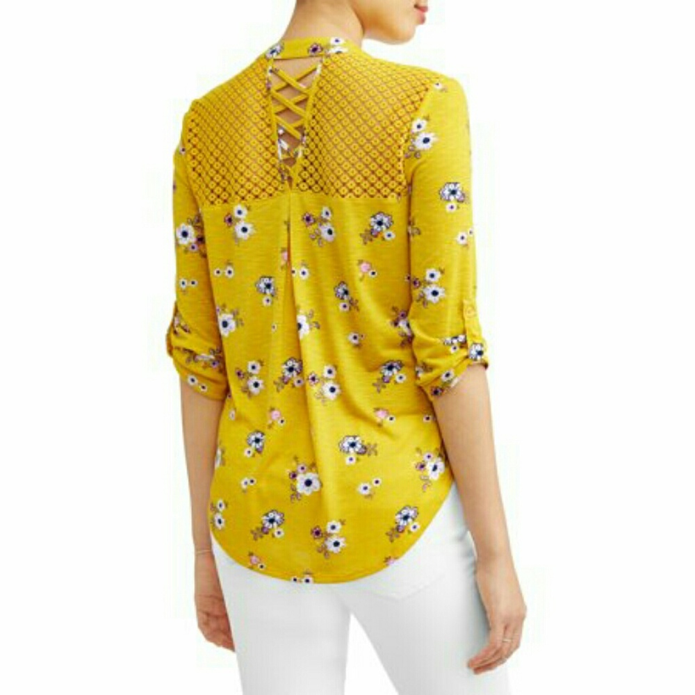 Lace Yolk Tie Front Blouse Gold Floral - Picture 2 of 4